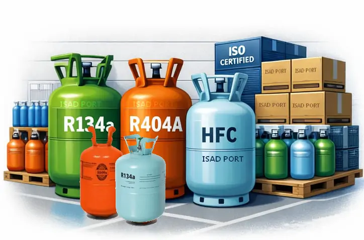 Rangées de bouteilles de gaz réfrigérants industriels sécurisées